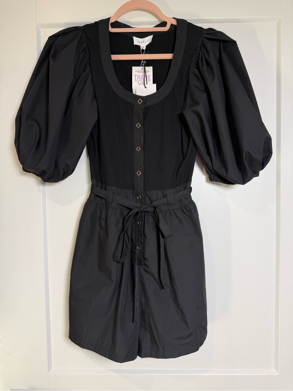 NWT Mable Black Puff Sleeve Romper Tie Waist Rib Knit Bodice Size Small